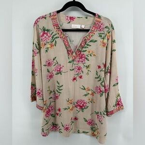 Belle By Kim Gravel Cream Pink Floral Tunic Embroidered Boho Romantic Size M